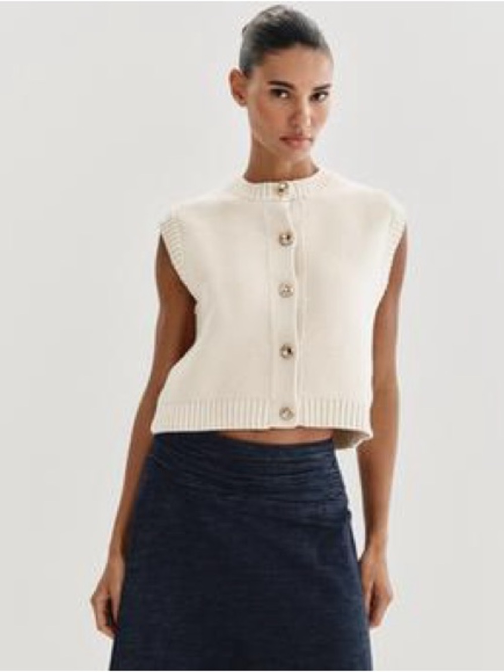ZARA Ecru Gold Button Knit Vest Sleeveless Top S NWT